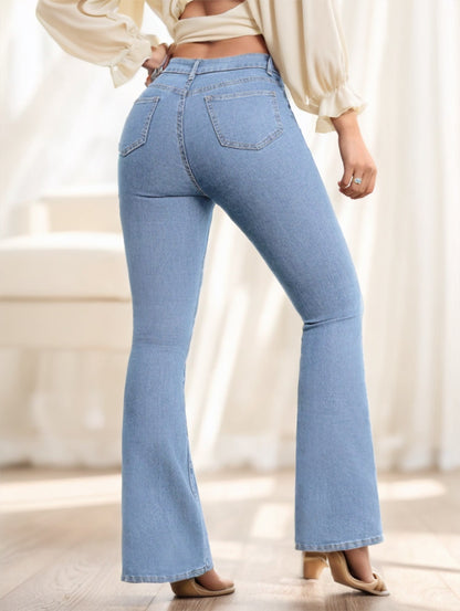 Women's Button Front Pocket Simple Design Casual Denim Long Pants - D&A
