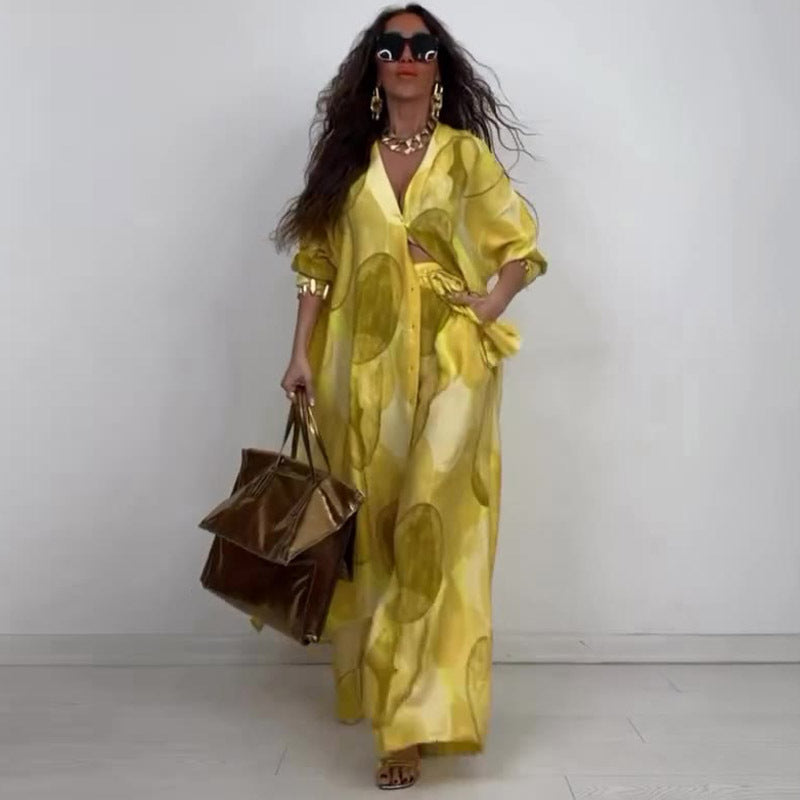 Elegant Sexy Fashion Print Top Wide Leg Pants Two-piece Set - D&A
