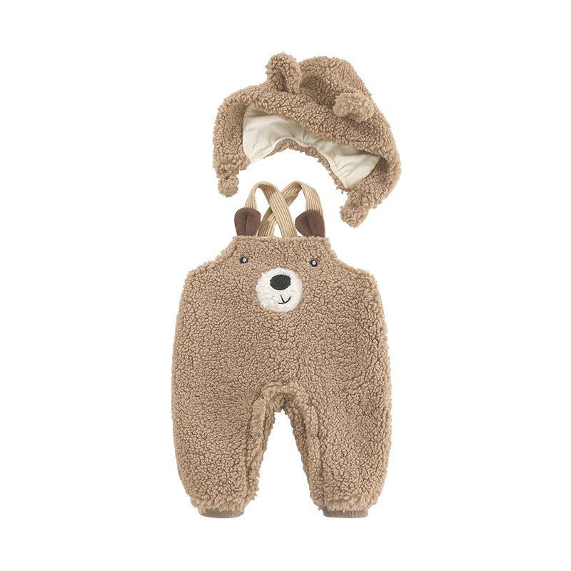 Baby Jumpsuit Autumn And Winter Plus Velvet Baby Clothing Bear Suspenders Coffee - D&A