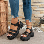 Open Toe Comfortable Muffin Bottom Ankle-strap Buckle Sandals Black - D&A
