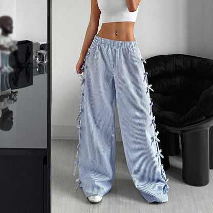 Waist Side Tie Bow Striped Wide Leg Pants - D&A