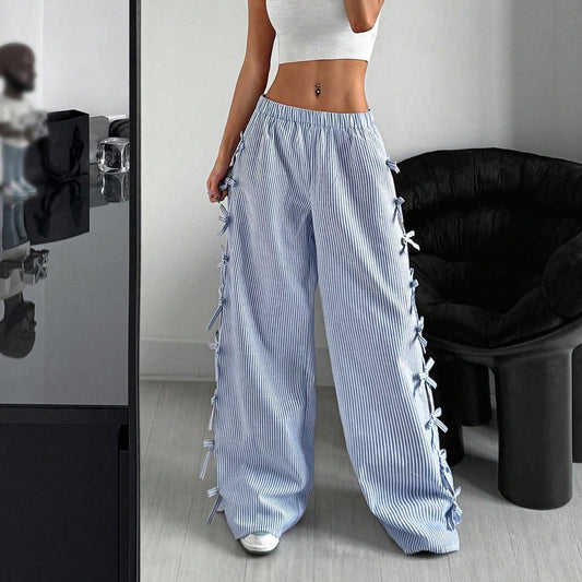 Waist Side Tie Bow Striped Wide Leg Pants - D&A