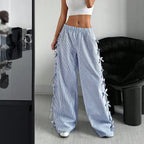 Waist Side Tie Bow Striped Wide Leg Pants Blue - D&A