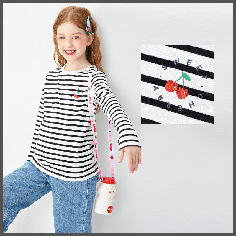 Children's Clothing Girls T-shirts Long-sleeved Girls Big Kids Sweet Cotton Bottoming Shirt Black and white tones - D&A