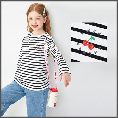 Children's Clothing Girls T-shirts Long-sleeved Girls Big Kids Sweet Cotton Bottoming Shirt Black and white tones - D&A