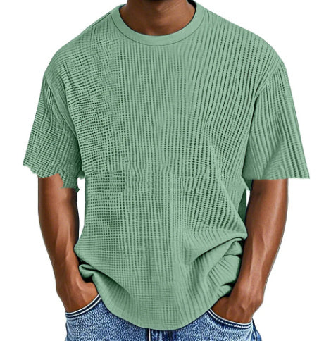 Casual Pure Color Comfort Waffle Short Sleeve Light Green - D&A