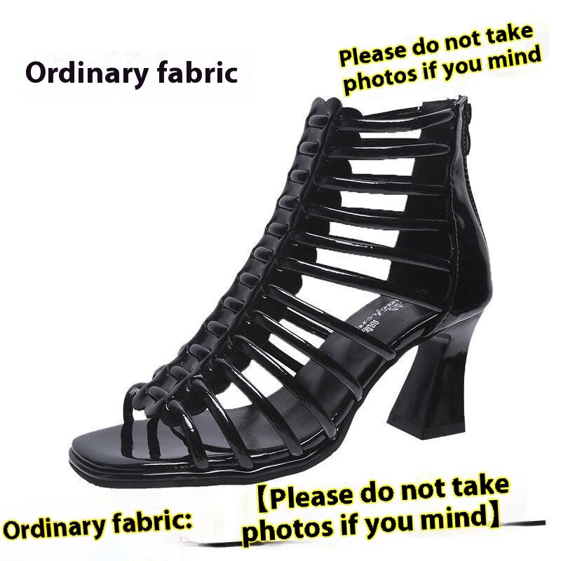 Horseshoe Heel Roman Sandals High-top Peep Toe Shoes Black Ordinary - D&A