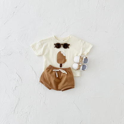 Girls' Casual Round Neck Cotton Ice Cream Patch Short Sleeve Shorts Suit White - D&A