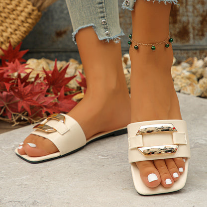 Summer New Metal Buckle Open Toe Women's Fashion Elegant Comfortable Slippers Beige - D&A