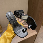 Toe Covering Transparent Ankle-strap Chunky Heel Outdoor Slippers - D&A