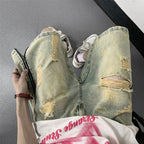 Retro Yellow Mud Ripped Denim Shorts Men's Loose Five Points Blue - D&A