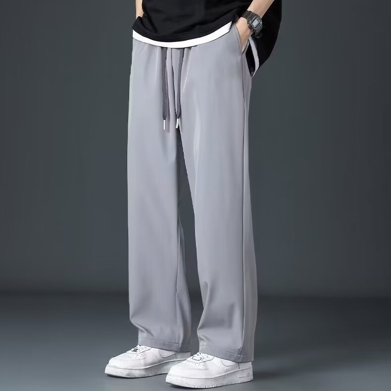 Ice Silk Men's Summer Thin High Street Drooping Straight Wide Leg Pants Light Gray - D&A
