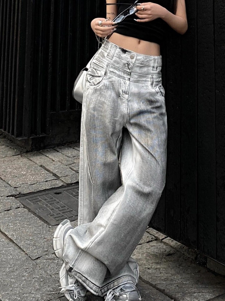 Women's Retro Straight Jeans With Old And Dirty Design - D&A