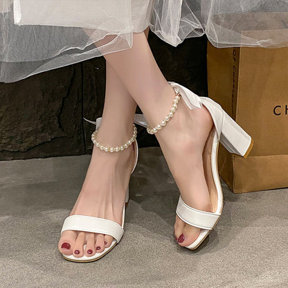 Summer New Pearl Bow Buckle Open Toe Chunky Heel All-match Sandals - D&A