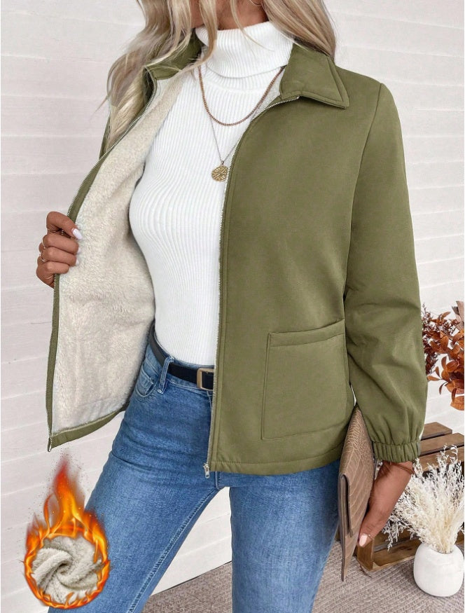 Casual Solid Color Zipper Fleece Jacket, Autumn Winter - D&A