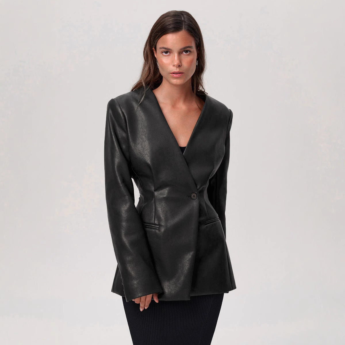 Fashionable Elegant Green V-neck Slim Suit Leather Coat - D&A