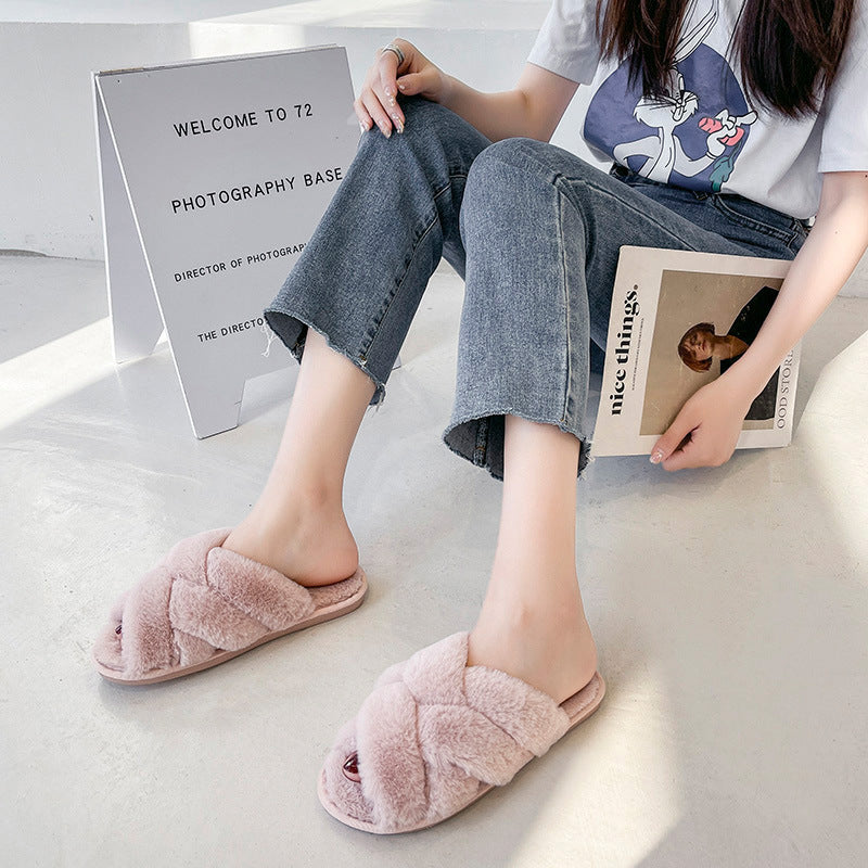 Open Toe Fluffy Slippers Women's Artificial Fur Couple Plush - D&A