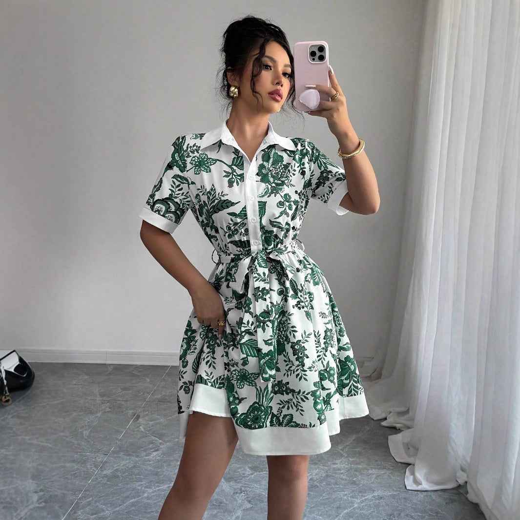 Simplicity Waist-controlled Printed Lace Up Short Sleeve Dress