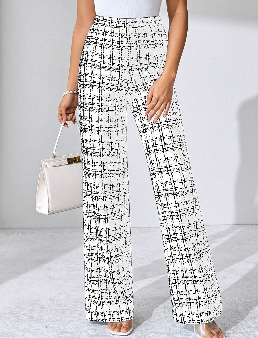 Women's Fashion Casual Plaid Printed Trousers White - D&A