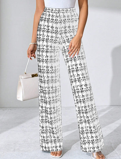Women's Fashion Casual Plaid Printed Trousers White - D&A