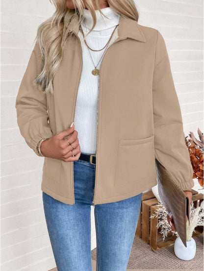 Casual Solid Color Zipper Fleece Jacket, Autumn Winter - D&A