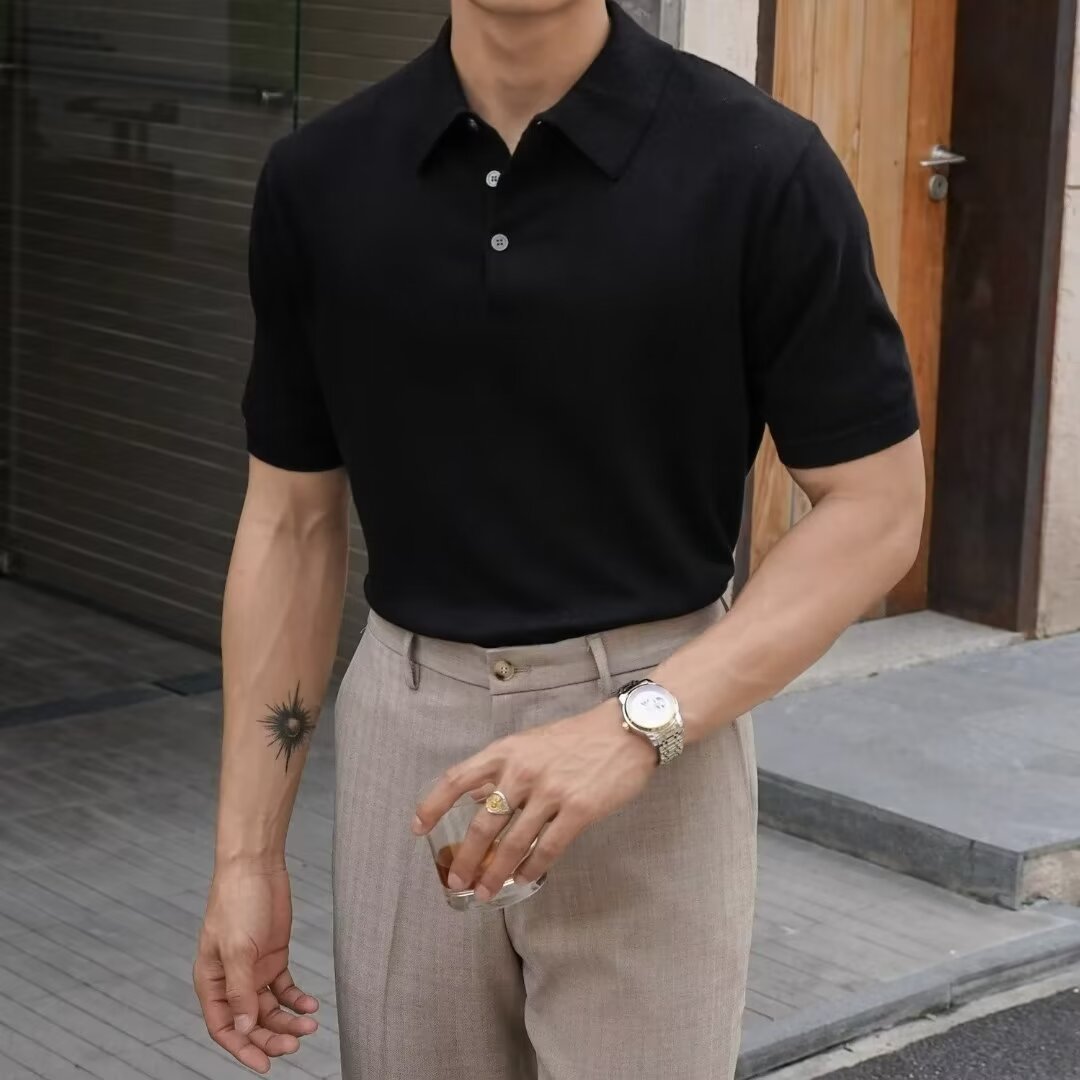 Polo Collar Polo Shirt Knitted Short Sleeve K05 Black - D&A