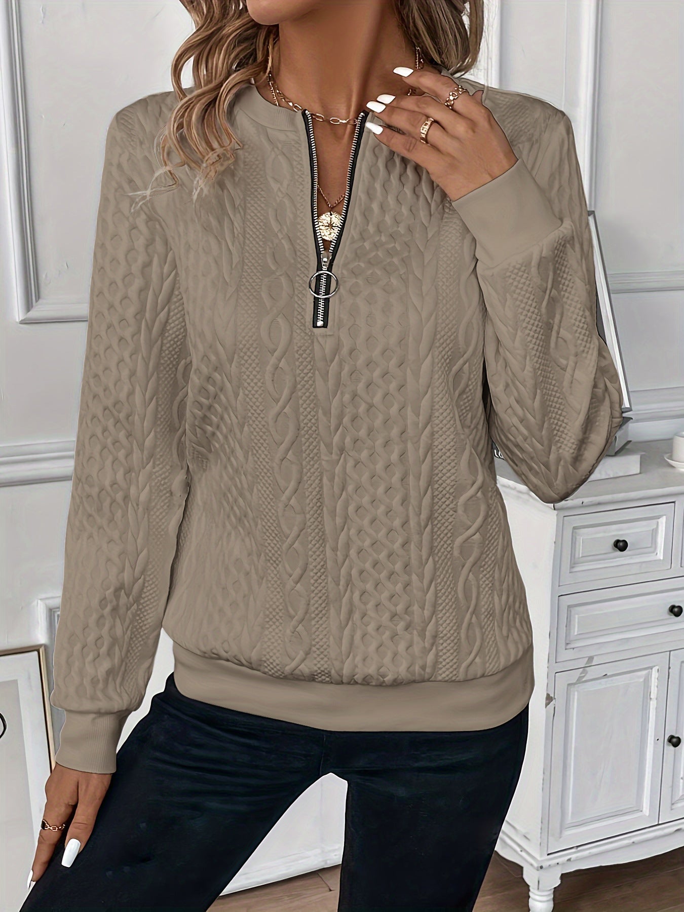 Short Women's Clothing With Zipper Sweater Long Sleeve Dark Khaki Cloth Color - D&A