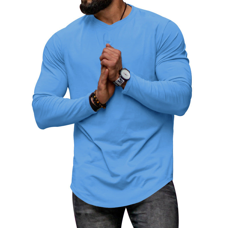 Men's Long-sleeved Casual Round Neck Solid Color Top Bottoming T-shirt Blue - D&A