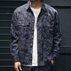 Social Style Denim Printing Men's Lapel Casual Shirt Navy Blue - D&A