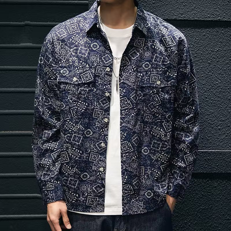 Social Style Denim Printing Men's Lapel Casual Shirt Navy Blue - D&A