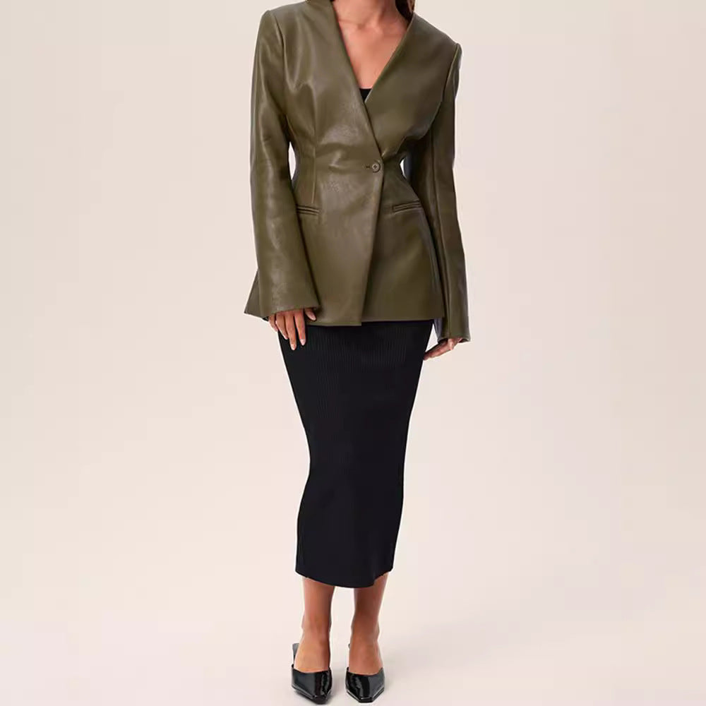 Fashionable Elegant Green V-neck Slim Suit Leather Coat - D&A