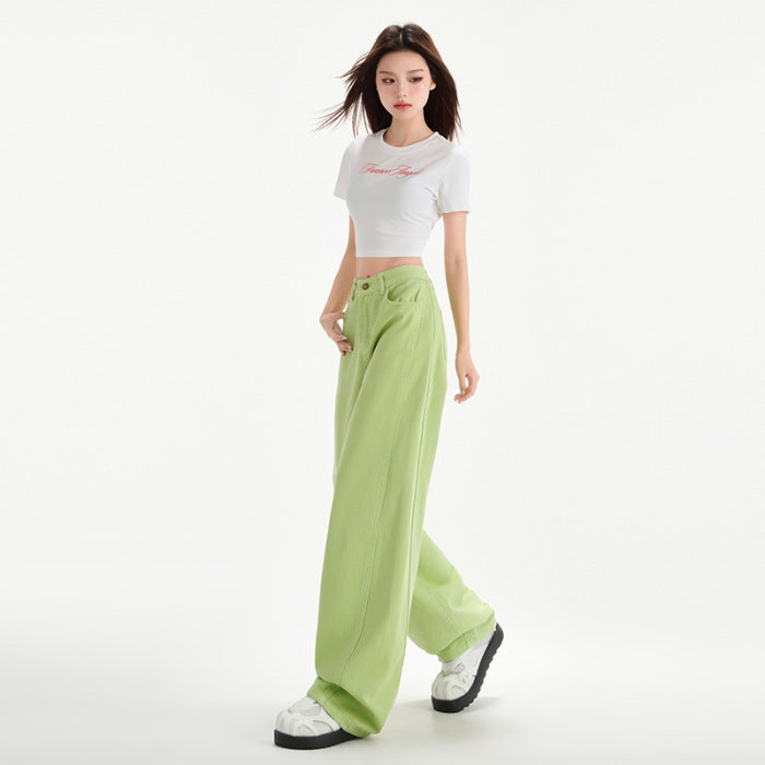 Cherry Blossom Wide Leg Draping Mop Jeans Apple Green Nine Points - D&A