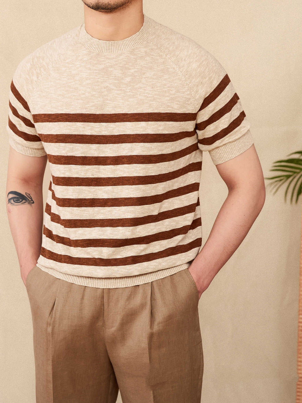 Linen Leisure Cotton Short Sleeve Round Neck Stripe Knitted T-shirt - D&A