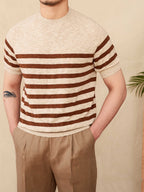 Linen Leisure Cotton Short Sleeve Round Neck Stripe Knitted T-shirt - D&A