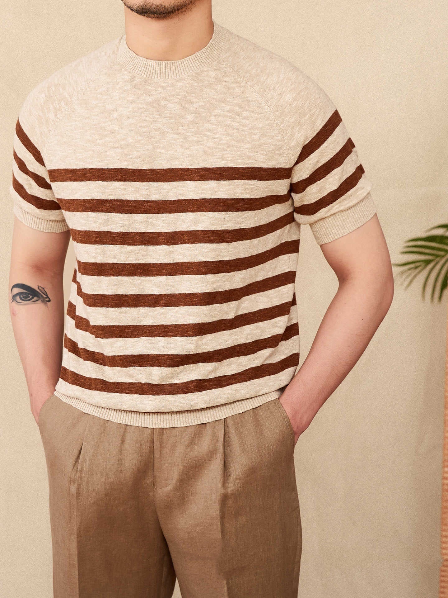 Linen Leisure Cotton Short Sleeve Round Neck Stripe Knitted T-shirt - D&A