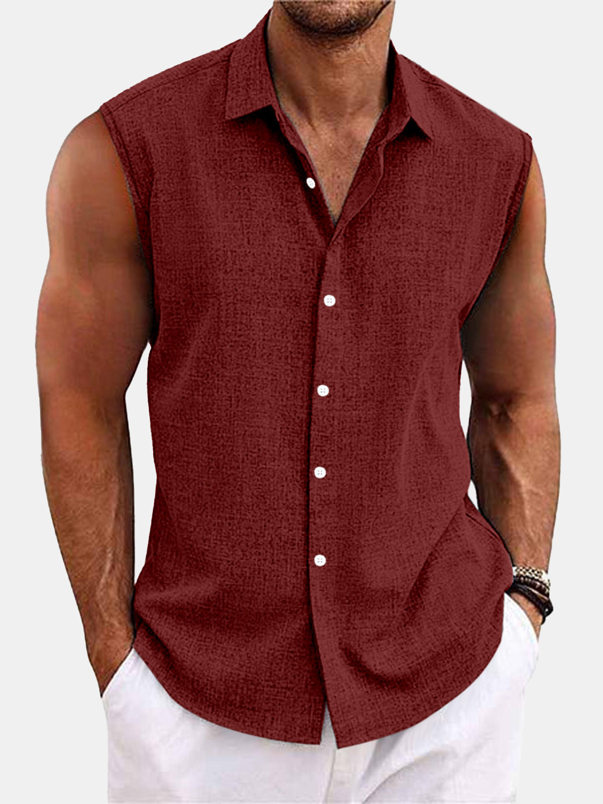 Lapel Beach Sleeveless Shirt Red - D&A