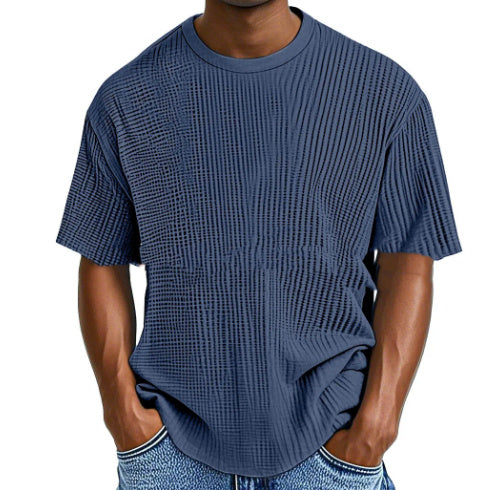 Casual Pure Color Comfort Waffle Short Sleeve Navy Blue - D&A