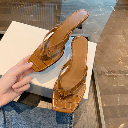 Women's Square Toe Leather Flip-flops Crocodile Pattern Brown 4cm - D&A