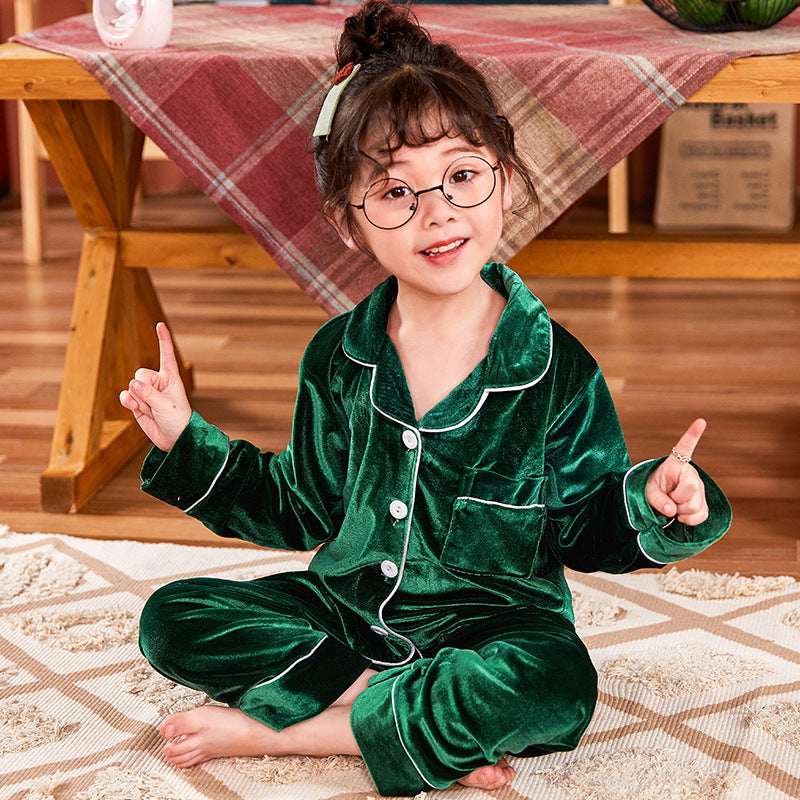 Children's Gold Velvet Solid Color Pajamas Set Green - D&A