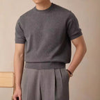 Round Neck Short Sleeve Knitted T-shirt Dark Gray - D&A