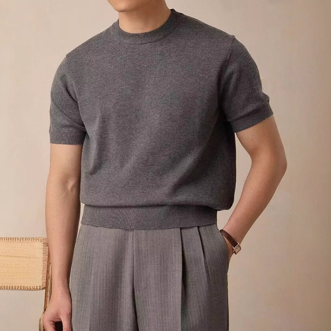 Round Neck Short Sleeve Knitted T-shirt Dark Gray - D&A