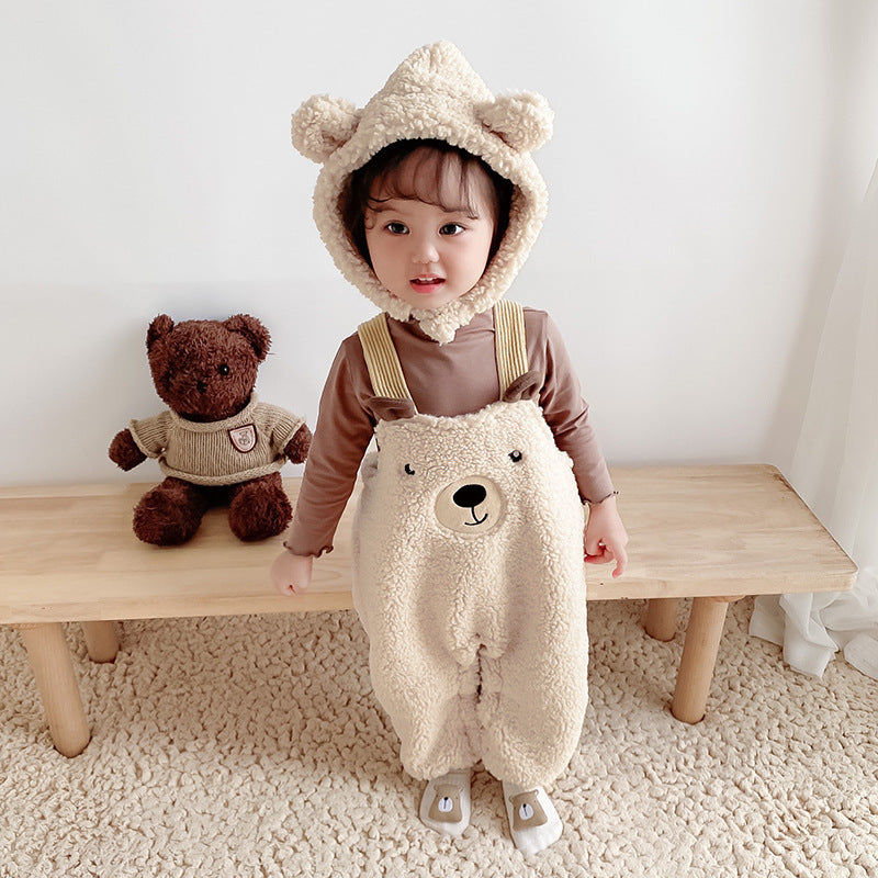 Baby Jumpsuit Autumn And Winter Plus Velvet Baby Clothing Bear Suspenders - D&A