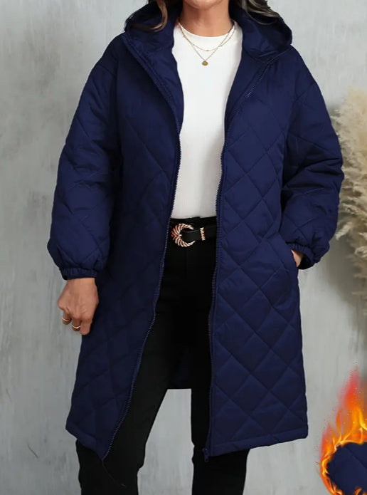 Elegant Hooded Zipper Cotton Jacket For Women Navy Blue - D&A