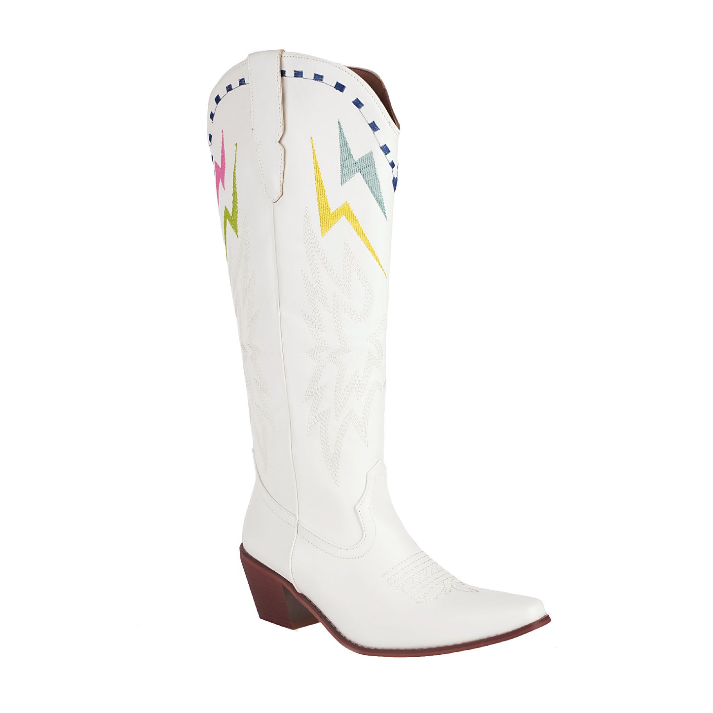 Lightning Embroidery Knee-high Boots Women White - D&A