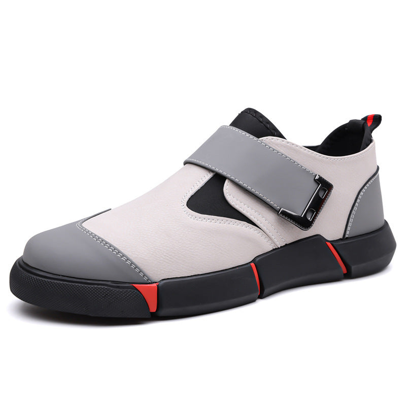 Men's Casual Leather Shoes Comfortable Slip-on Low-top Velcro Non-slip Flat Heel Shock Absorption Khaki - D&A
