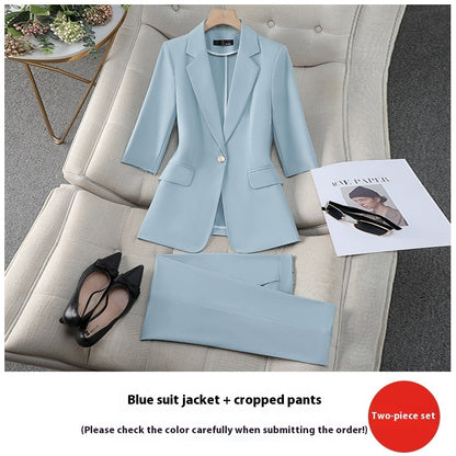 Three-quarter Sleeve Waist Trimming Casual Stylish Thin Suit Blue Suit Pants - D&A