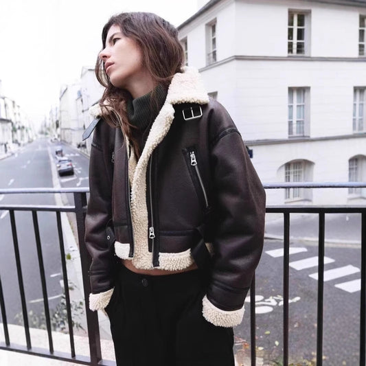 Wear Fur Integrated Lapel Thickening Warm Double-sided Casual Short Jacket Coat - D&A
