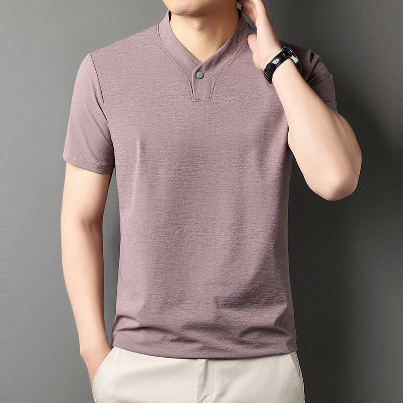 Young Men's Short Sleeve T-shirt Zipper High-grade Casual Summer Wear One Buckle Pink - D&A