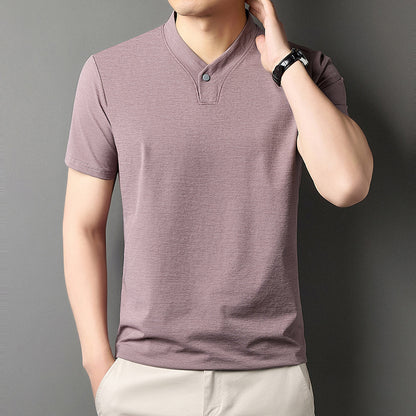 Young Men's Short Sleeve T-shirt Zipper High-grade Casual Summer Wear One Buckle Pink - D&A