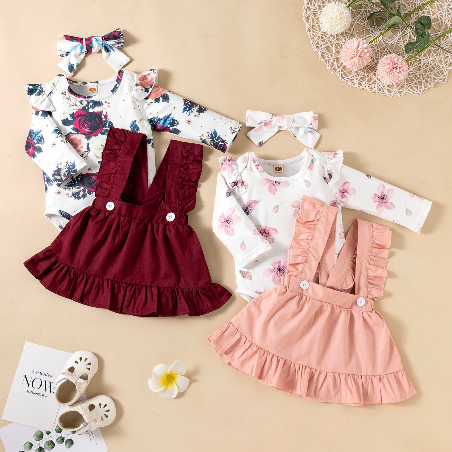 Printed Long-sleeved Baby Girl Romper Two-color Strap Ruffled Dress Headdress Three Pieces - D&A